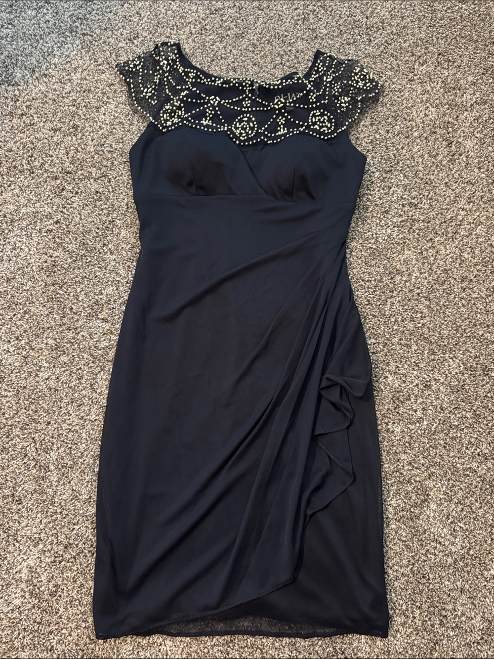 Beaded Navy Cap-Sleeve Mini Dress